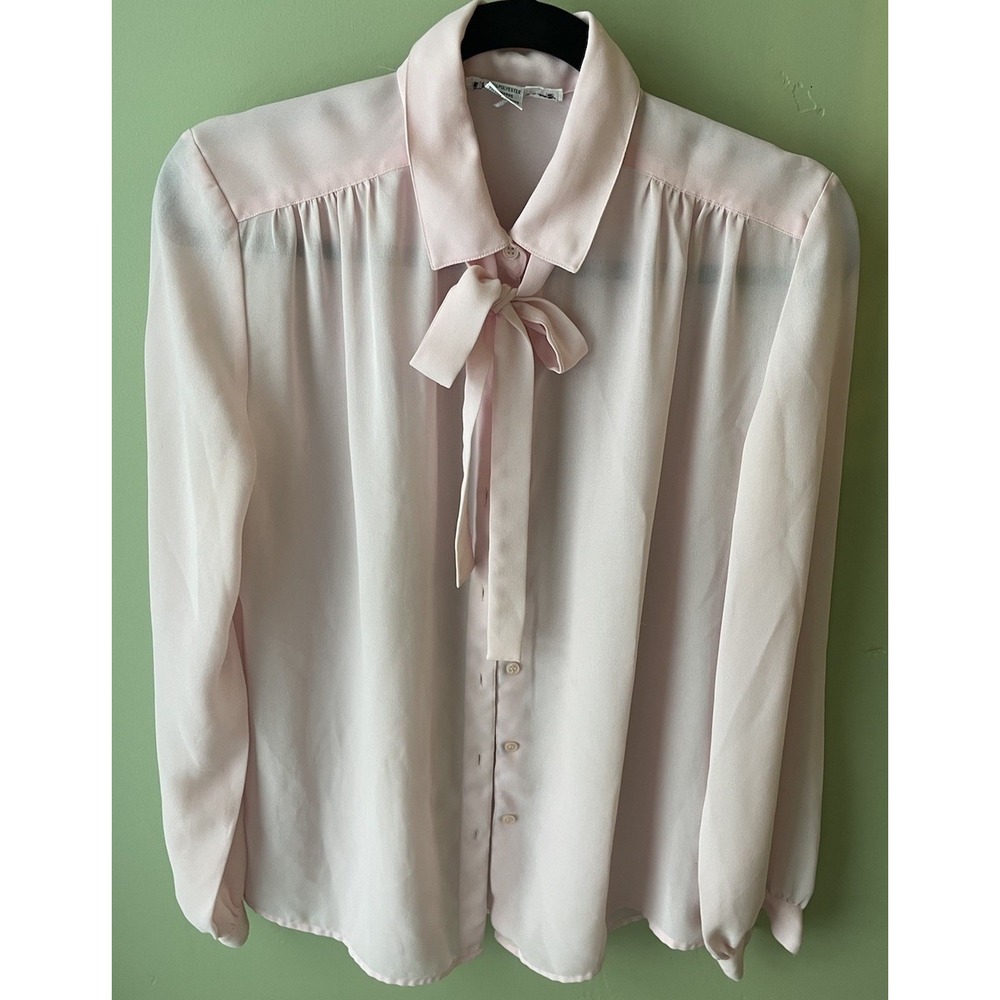 Lloyd Williams 80s Pink Romantic Career Blouse Tie Neck Button Front Blouse 10